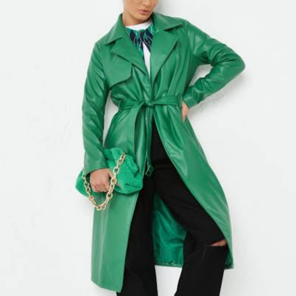 Green Faux Leather Trench